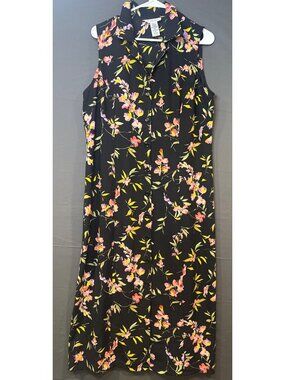 Studio I Petite 16P Black Floral Button Front Midi Dress Sleeveless 90s Y2K